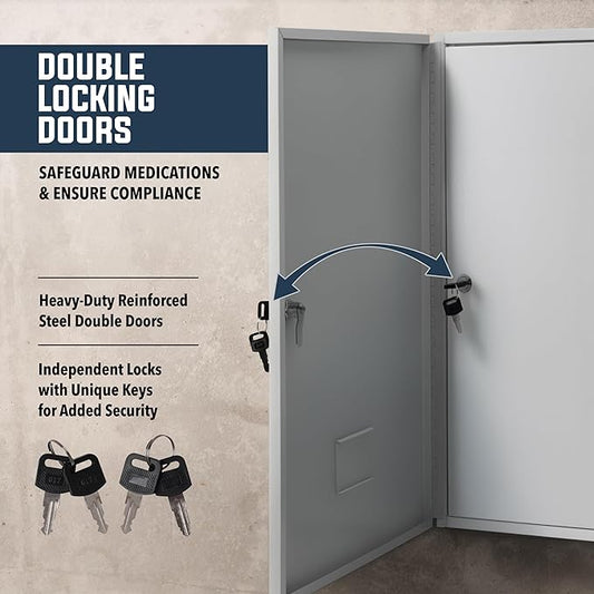 Durabox 2-Door Narcotics Cabinet - Double Door & Dual Key Lock Steel Cabinet for Safe Storage of Medicine, Prescription Drugs, Medical Supplies and More, 16"W x 24"H x 7-3/4"D (Grey, Large)