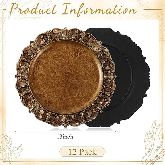 12 Pcs Antique Gold Charger Plates Bulk 13 Inch Embossed Rim Plastic Round Decorative Vintage Plates Charger for Dinner Wedding Party Event Table Setting Decoration (Vintage)