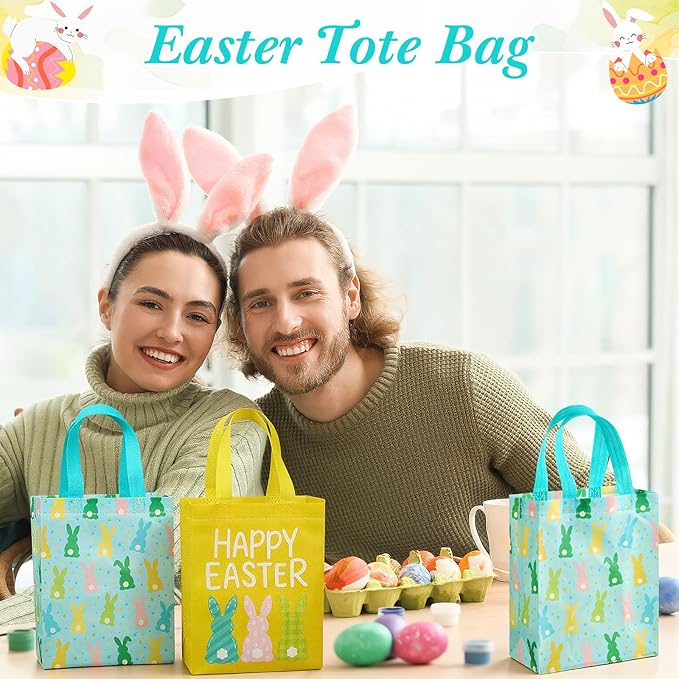 Wovnet 30 Pcs Easter Gift Bags Pastel Colors Easter Bunny Goodie Treat Tote Bags with Handle Reusable Non Woven Rabbit Party Favor Pouch for Spring Party Supplies 10 x 8 x 4in