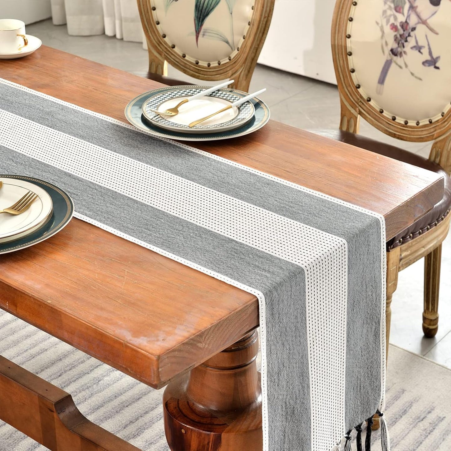Wracra Linen Table Runner, Farmhouse Macrame Table Runners 90 Inches Long for Dining Table Decor, Wedding, Party and Dresser Decor (Black,90")