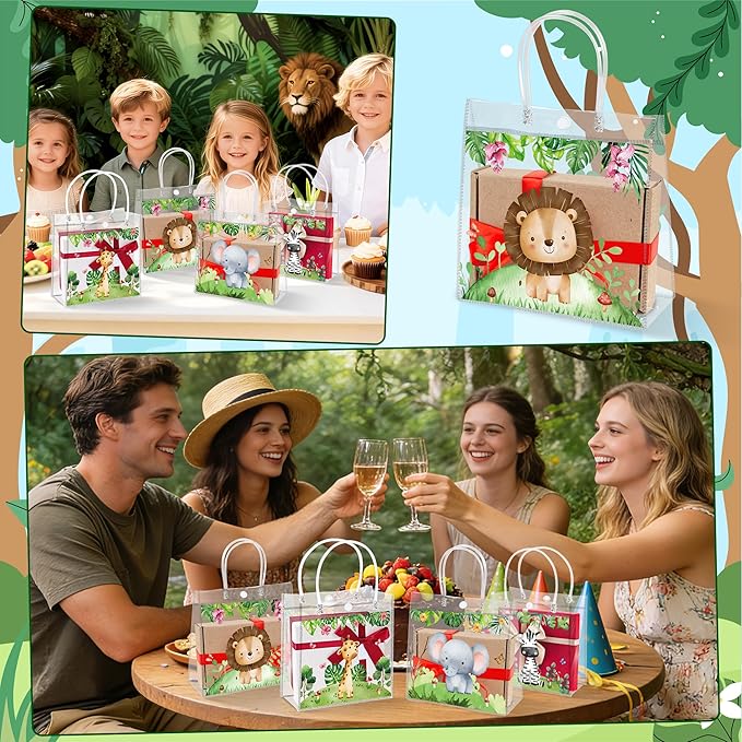 H1vojoxo Jungle Animals Gift Bags - 24PCS Safari Clear PVC Gift Bags Reusable Elephant Zebra Lion Giraffe Cartoon Jungle Animals Party Bag for Kids Birthday Baby Shower Wild One Birthday Decoration