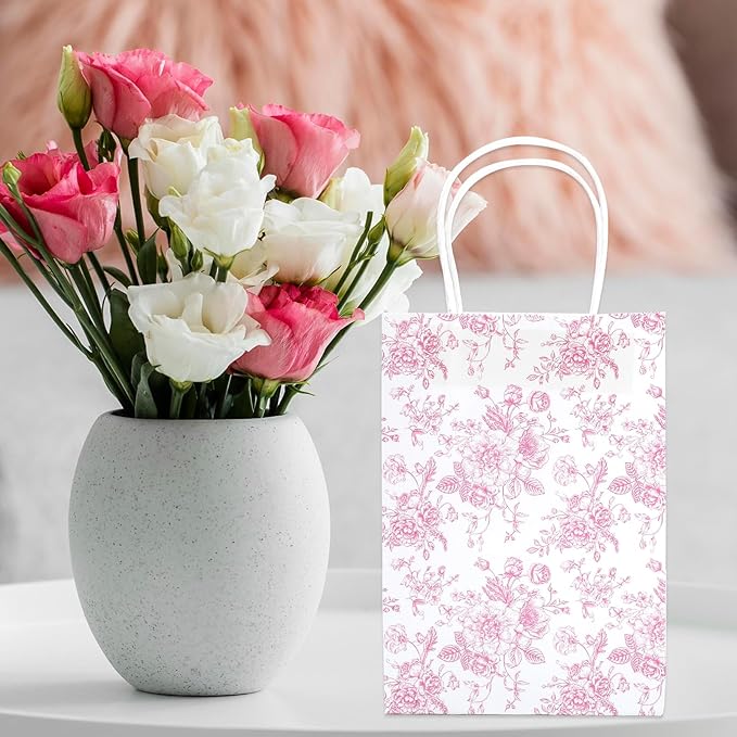 JarThenaAMCS 24Pcs Pink Floral Paper Bag Vintage Flower Candy Treat Bags with Handles Chinoiserie Grocery Shopping Bag for Birthday Wedding Party Favors Supplies