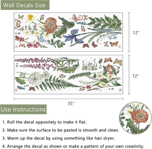 Yovkky Spring Summer Flower Fern Plants Wall Decals Stickers, Natural Botanical Floral Butterfly Home Bedroom Decor, Plant Wildflower Seasonal Living Room Kitchen Decorations Art