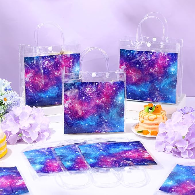 Kacctyen 24 Pcs Galaxy Party Clear PVC Gift Bags Starry Sky Favor Bags Space Treat Tote Starry Night Gift for Solar System Planet Birthday Baby Shower Party Supplies, 7.87 x 7.87 x 3.15 Inch