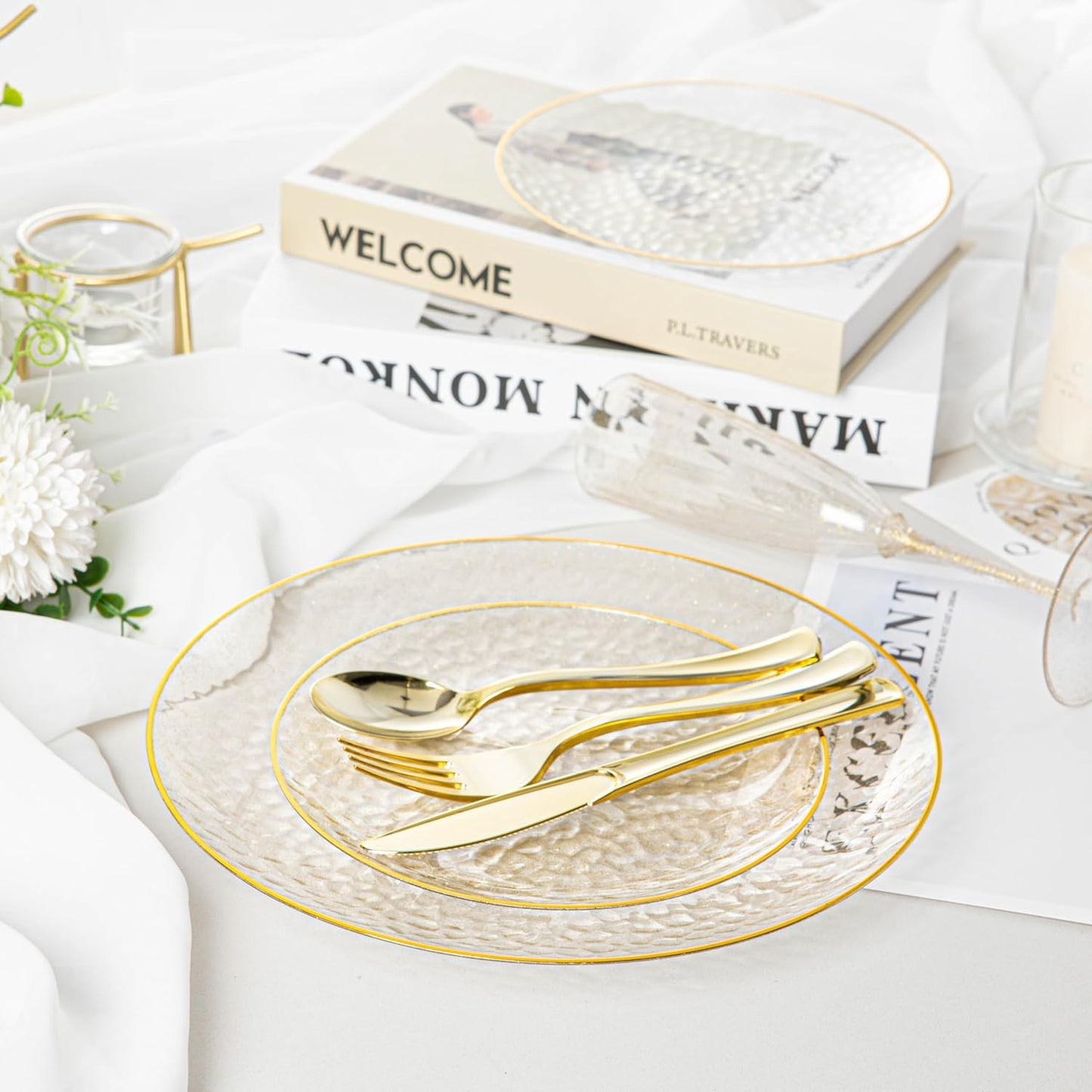 Lullaby 100PCS Clear Plastic Plates with Gold Rim, Includes 50pcs Dinner Plate 10” and 50pcs Dessert Plate 7”, Disposable Heavyduty Plates for Birthdays, Parties and Wedding