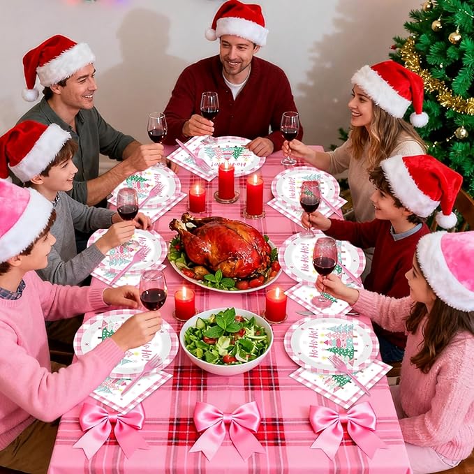 CHUNNIN 96Pcs Pink Christmas Trees Paper Plates and Napkins Xmas Watercolor Party Decorations Pink Xmas Trees Disposable Tableware Set for Kids Girls Winter Holiday Birthday Home Party Supplies