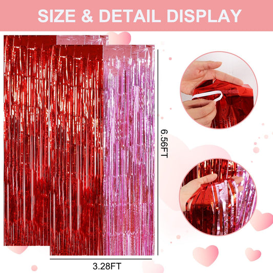 TONIFUL Valentine's Day Door Streamers,Red and Pink Photo Booth Backdrop Metallic Streamers Foil Fringe Curtain for Birthday Valentine's Day Bridal Shower Engagement Party Decoration