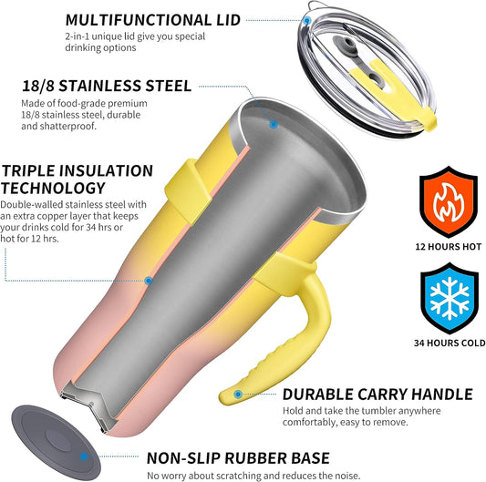 THILY 40 oz Insulated Tumbler with Handle - Stainless Steel Coffee Travel Mug with Lid and Straws, Keep Drinks Cold for 34 Hours or Hot for 12 Hours, BPA Free, Sunset