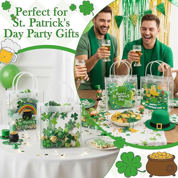 H1vojoxo St. Patrick's Day Gift Bags - 24PCS St. Patrick's Day Clear PVC Gift Bags with Handle for Family Gathering Party Decor Reusable Lucky Clover Goodie Bags Shamrock Bag for Holiday Party Favor