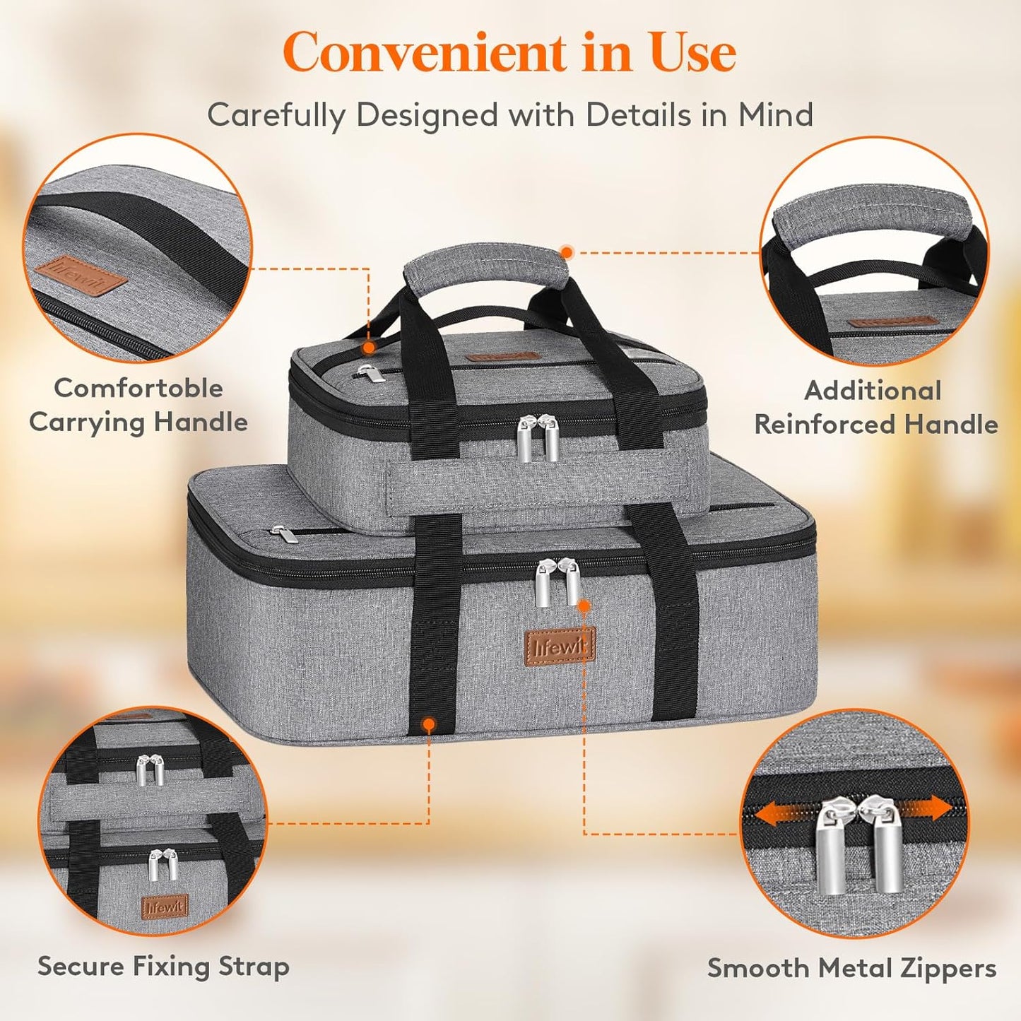 Lifewit Duo Insulated Casserole Carrier for Hot or Cold Food, Lasagna Holder 2 Compartments, Thermal Lunch Tote for Potluck Parties Cookouts, Fits 9"x13" Casserole Dish, Gray