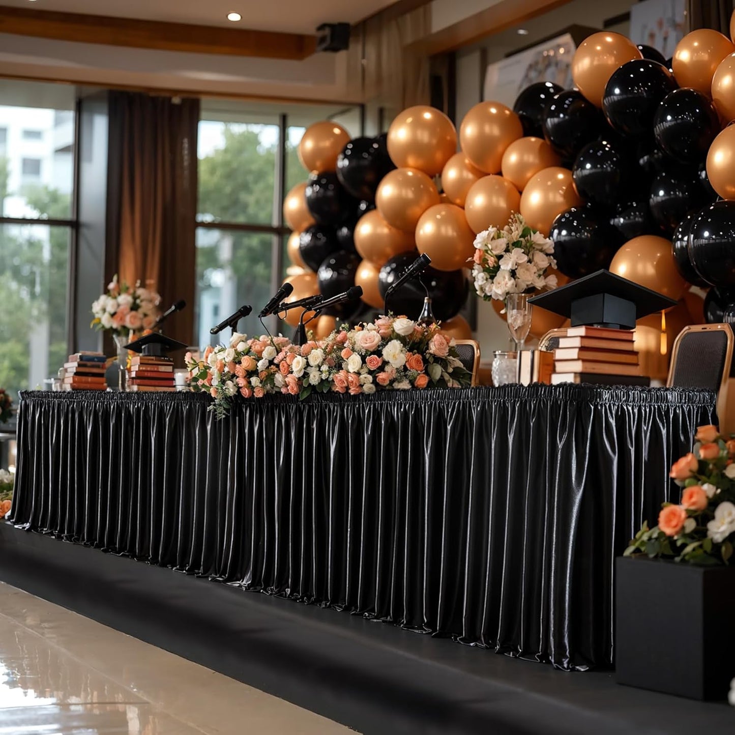 Wish Care 9ft Black Satin Table Skirt for Rectangle Tables Decorations Wrinkle Free Glitter Desk Skirts Pleated Ruffle Table Cloth for Wedding Birthday Party Display Trade Show Teacher Table Skirting