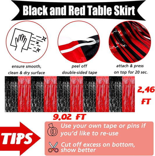 6 Pack 29x108 Inch Metallic Foil Fringe Table Skirts Banner for Tinsel Streamer Garland Curtains Backdrop for Parade Floats Casino Viva Las Vegas Game Night Birthday Party Decorations(Black Red)