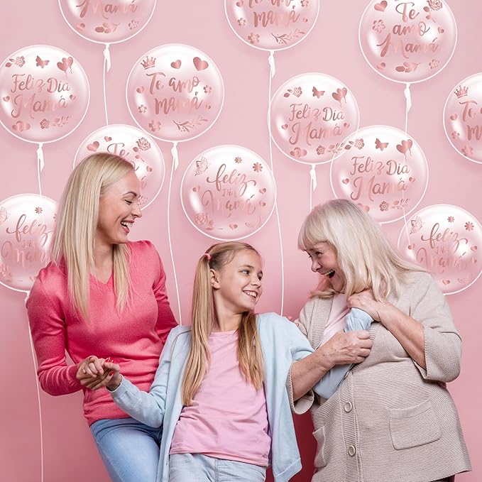 CNhoqc Mother’s Day Bobo Balloons - 20Pcs Feliz Dia Mamá Transparent Bobo Balloons 16Pcs Rose Gold Sticker Decals Set Mom’s Birthday Anniversary Home Party Decorations Supplies Bridal Shower Wedding