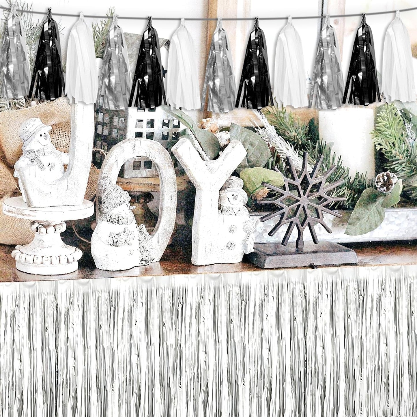 3P Black Silver white Tassel Banner Garland Metallic Foil Fringe Banner Tinsel Tassels Streamer Banner Backdrop for Parade Floats, Graduation Decorations, Halloween, Christmas Decorations