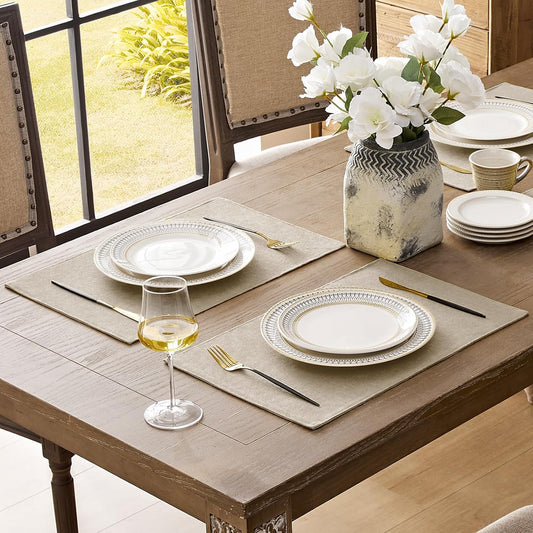 Romanstile Cloth Placemats Set of 4-12 x 18 Inch, Heat Resistant Double Layered Thickened Burlap Place Mats, Washable Faux Linen Farmhouse Table Mats for Kitchen/Dining/Party/Outdoor, Beige