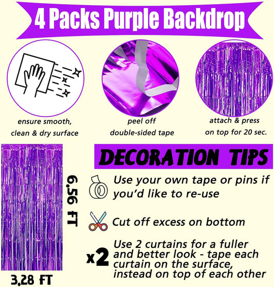4 Pack Purple Fringe Curtain Backdrop, 3.2Ft x 6.6Ft Metallic Tinsel Foil Fringe Streamers Curtains Background for Photo Booth Birthday Wedding Baby Shower Party Thanksgiving Christmas Decorations
