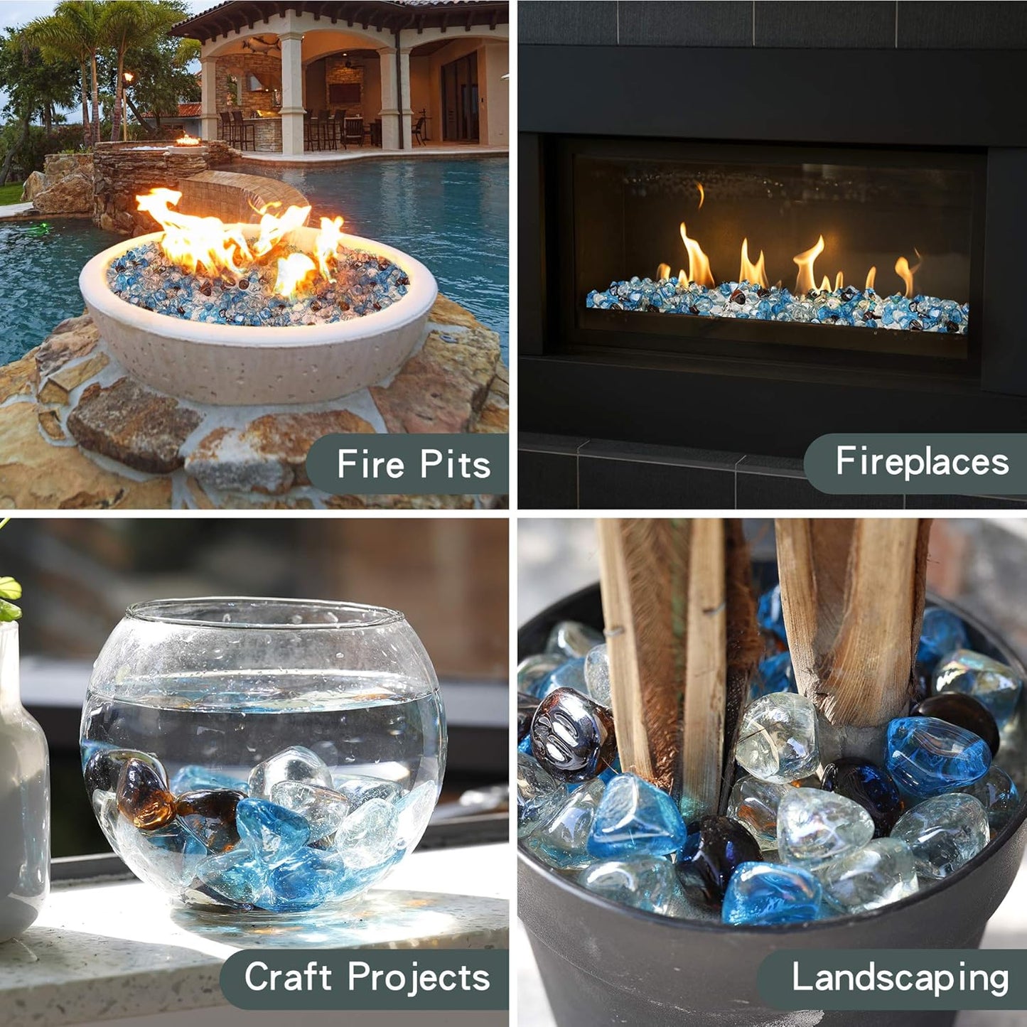 Mr. Fireglass 10 Pounds Blended Fire Glass Diamonds for Fireplace Fire Pit & Lanscaping - 1 inch High Luster Fire Rocks with Mixed Colors (Caribbean Blue+Crystal Ice+Amber)