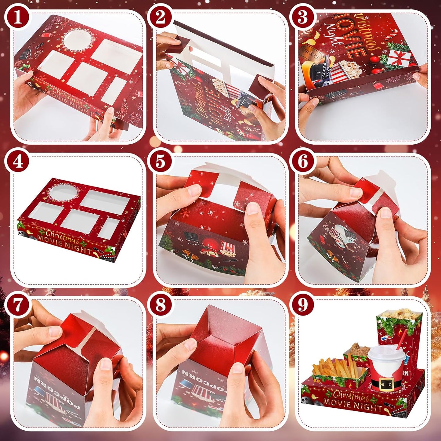Bokon 172 Pcs/ 24 Sets of Christmas Movie Night Snack Trays 3 Sizes Snack Boxes, 16 oz Disposable Drinks Cups, 50 Straws, Complimentary Sealing Stickers for Cinema Party Decoration(Paper,Snow)