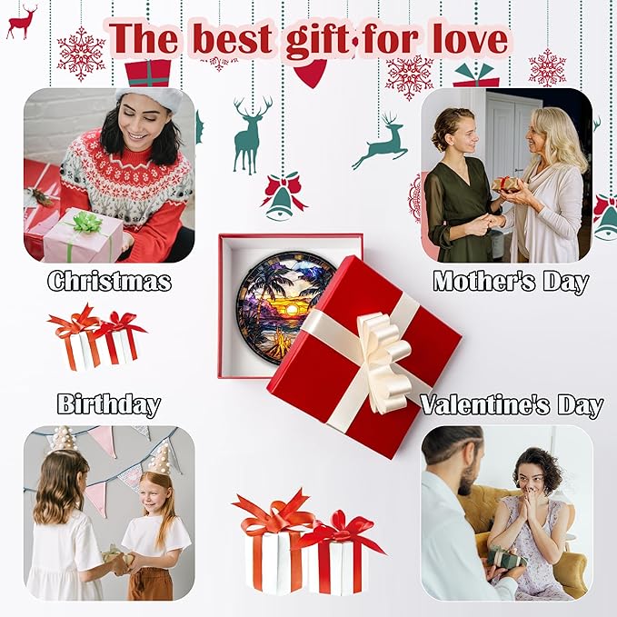Stained Glass Window Hanging,Bonfire Beach Landscape Suncatcher Diamond Glass Panel Sun Catchers Decor for Birthday for Women, Men, Wife, Aunt, and Mom 9.8 in