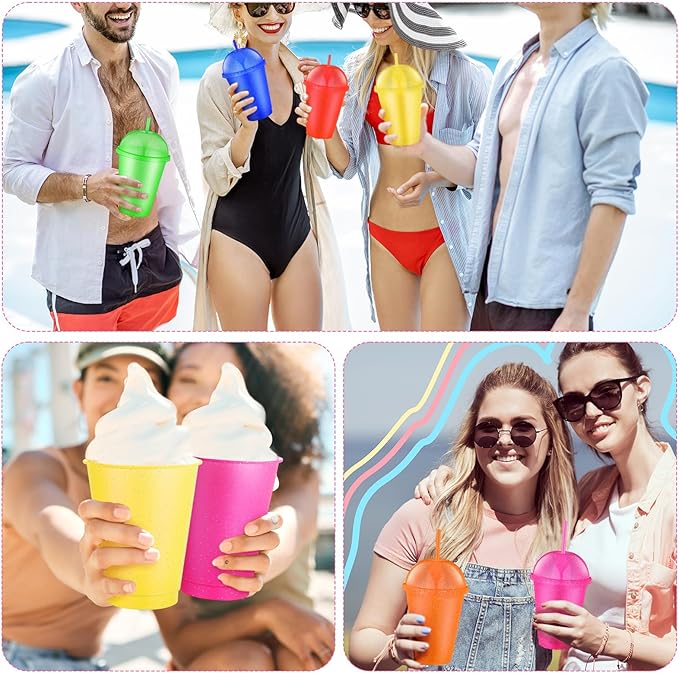 6 Set Slushie Cups with Dome Lids and Straws Detachable Spoon Straws Reusable Plastic Iced Coffee Cups Smoothie Tumbler for Birthdays Summer Party Supplies (Mixed Color,16 oz)