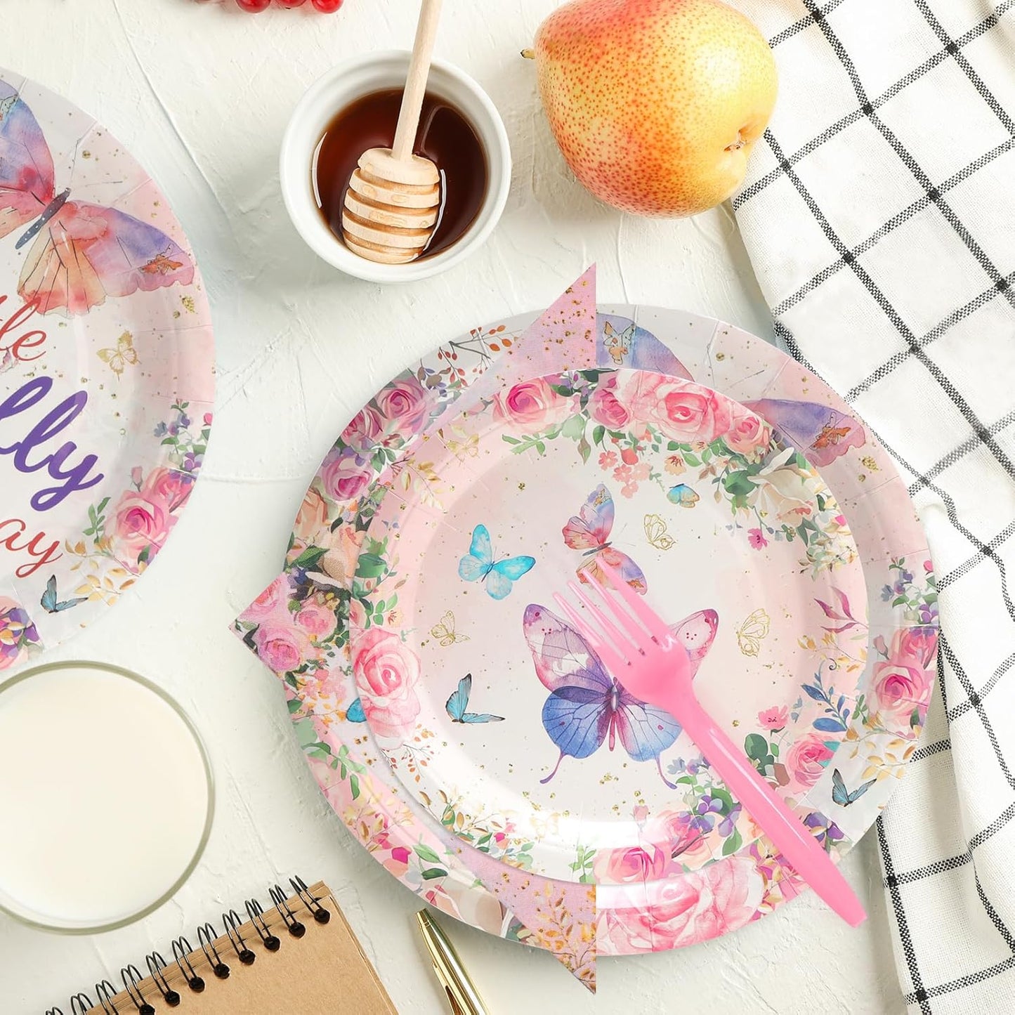 96pcs Butterfly Paper Party Plates, Napkins and Forks Pink and Purple Floar Disposable Tableware Set for 24 Guest Table Supplies for Tea Garden Party Kids Birthday Baby Bridal Shower
