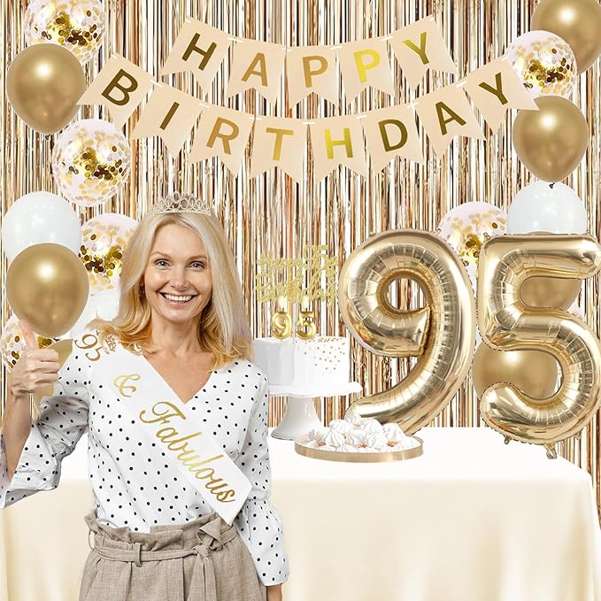 Trgowaul 95th Birthday Decorations for Women, Banner, Sash and Crown, Cake Topper, 95 Number Balloon, Fringe Curtains, Champagne Gold 95th Birthday Party Supplies