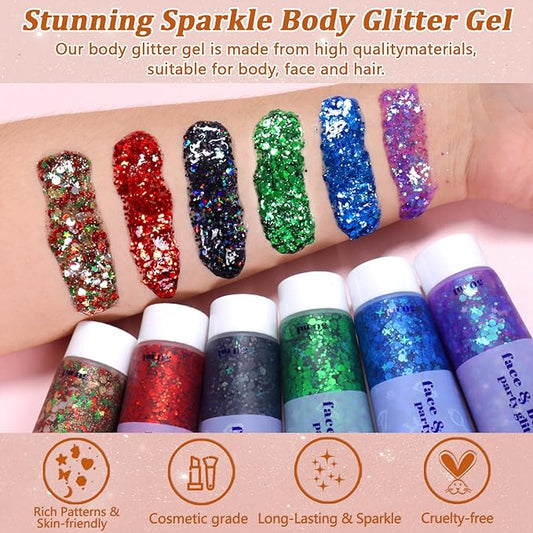 Boko 50ML Body Glitter Gel, Gold Mardi Gras Chunky Glitter Gel for Face Hair Body Sparkle Makeup, Cosmetic Mermaid Face Glitter Sequins for Mardi Gras Concert Party Event Rave Accessories