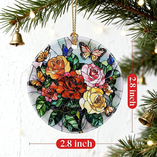 Butterfly & Rose Ornament | Christmas Ornaments, Christmas Decorations, Hanging Ornaments for Tree, Holiday Decor Gifts | Gifts for Flower Lover, Women, Friend, Neighbor | Gift Exchange Ideas