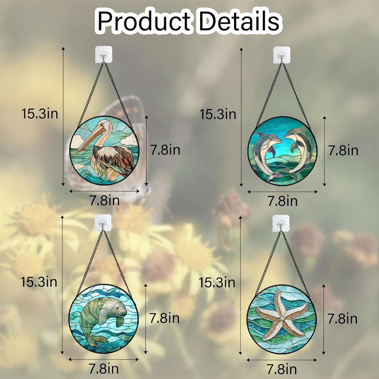 Stained Glass Window Hanging 4 Pcs Set Cyan Ocean Life Theme 7.8" - Sea Starfish Suncatcher Door Garden Sun Catcher Decor Birthday for Mom Woman Nana Men Friend