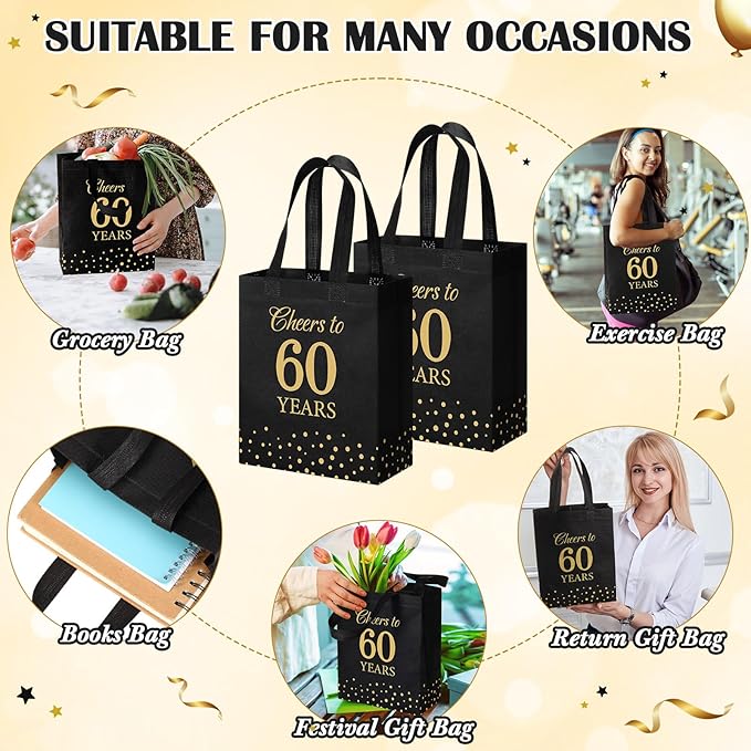 Supervitae 24 Cheers to 60 Years Gift Party Bags Medium Black and Gold Party Decoration Supplies Reusable Non Woven Totes for Birthday Anniversary Wedding Favor(9.8" x 7.9" x 3.9")