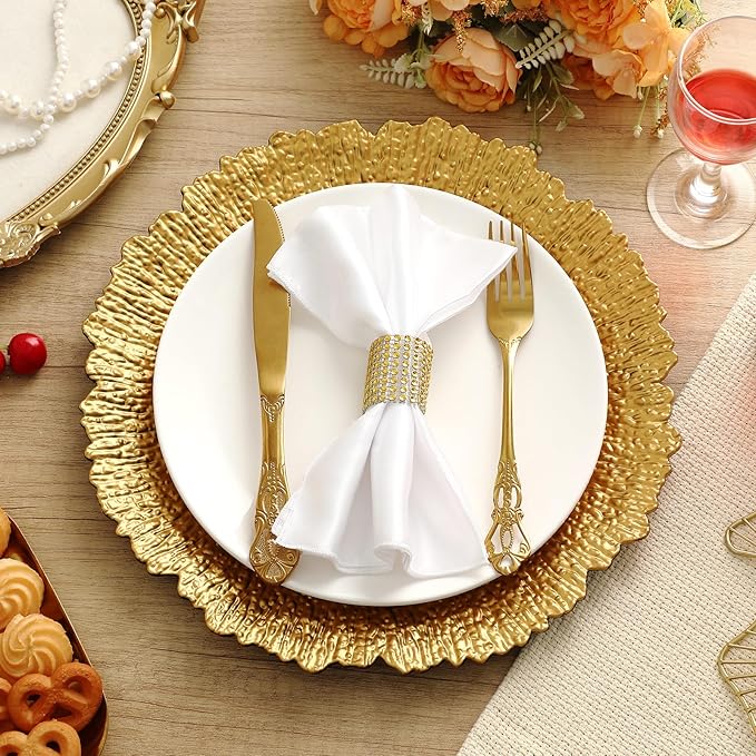 12 Pcs Charger Plates Bulk for Wedding Chargers 13" Reusable Round Serving Plate Table Chargers for Catering Family Party Restaurant Home Dinner Supplies (Reef, Gold)