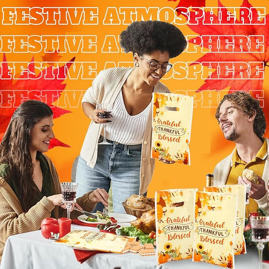 Supervitae 100 Pcs Thankful Grateful Blessed Party Gift Bags Fall Harvest Favor Bags Bulk with Handles for Thanksgiving Snacks Goodie Candy Treat Party Supplies