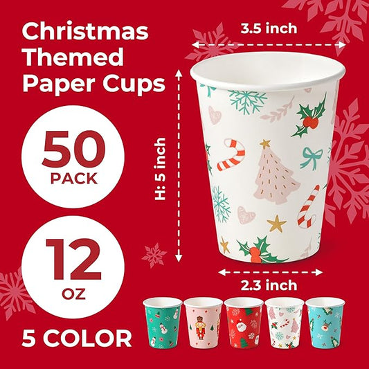 Fit Meal Prep 50 Pack 12 oz Christmas Disposable Coffee Cups, Premium Christmas Paper Cups for Hot/Cold Beverages, Xmas Party Cups for Kids, Adult, Party, Holiday
