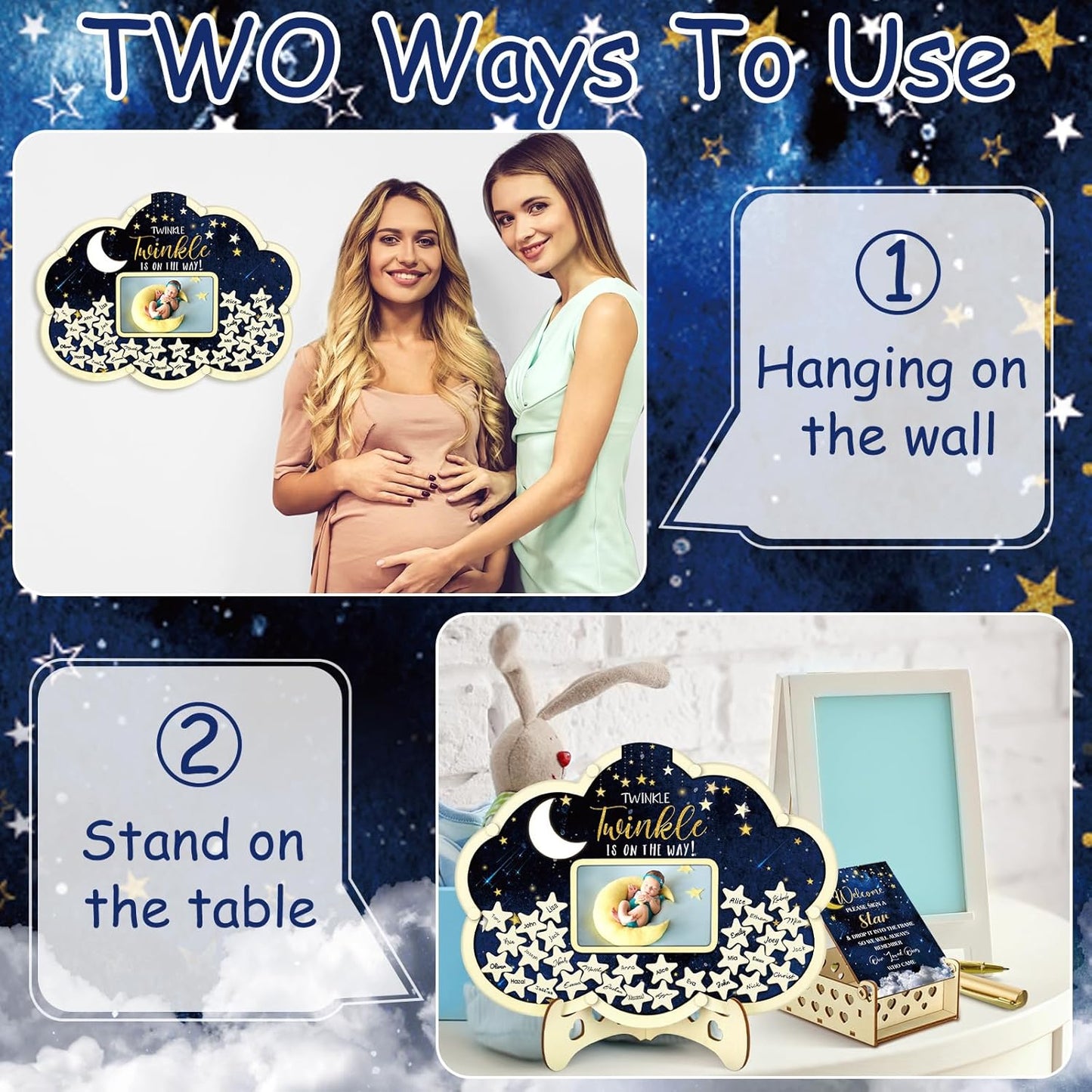 Wenqik 63 Pcs Moon and Star Baby Shower Guest Book Alternatives Set Baby Shower Decorations with Photo Frame Sonogram Frame Keepsake 60 Wood Slices Guest Book for Birthday