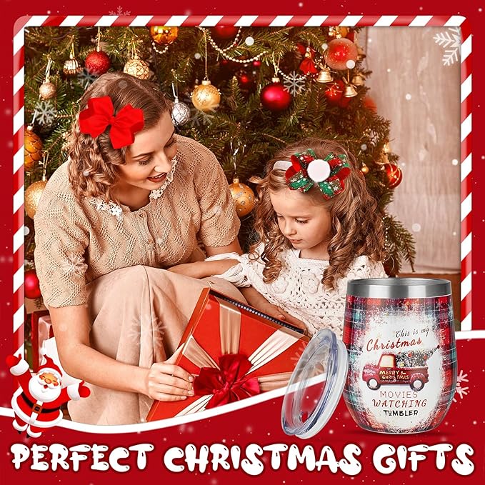 Christmas Wine Tumbler 12 oz Christmas Stainless Steel Wine Glass with Lid and Straw Stemless Double Wall Insulated Wine Cups Keeping Cold & Hot for Holiday Xmas Wedding Party Gifts (trucks)