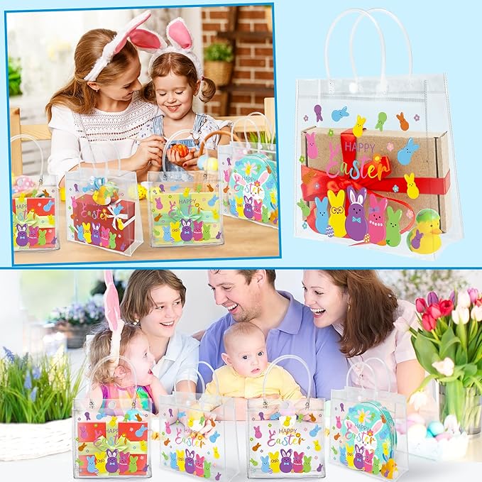 H1vojoxo Happy Easter Gift Bags - 24PCS Easter Colorful Bunny Clear PVC Tote Bags with Handle 7.87x3.1x7.87Inch Printed with Rabbits Clear Reusable PVC Gift Wrap Bags for Snack Candy Treat Party Favor