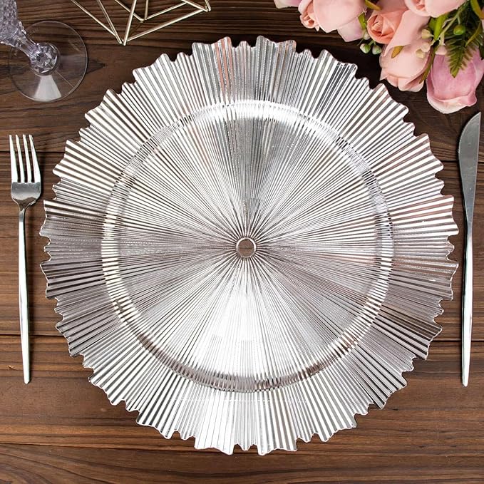 Efavormart 6 Pack | 13" Metallic Silver Sunray Acrylic Plastic Serving Plates, Round Scalloped Rim Disposable Charger Plates
