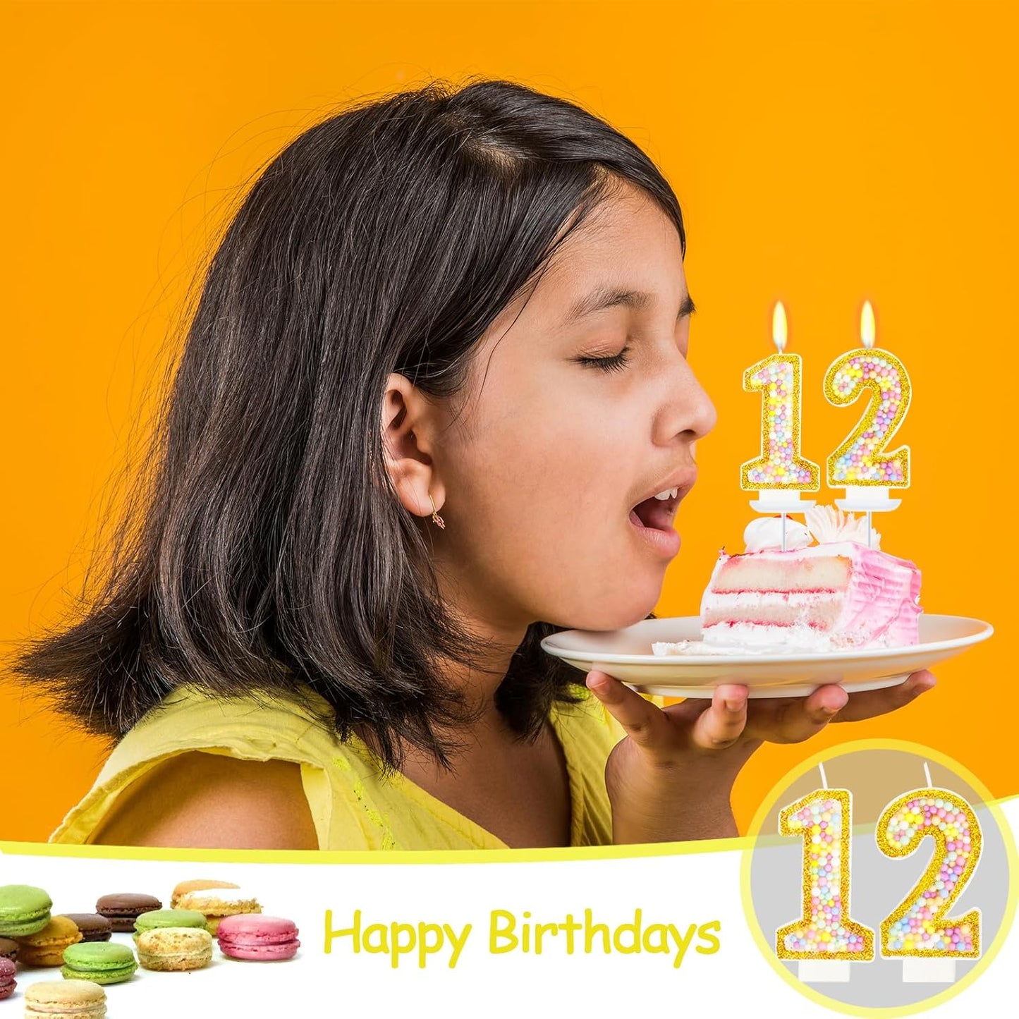 12th Birthday Candle for Cake, Colorful Macaron Numeral Candles for Boys/Girls, Birthday Party Cake Decorations, Golden Cake Topper for Birthday Party Supplies (Number 12)