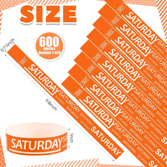 Henoyso 600 Pcs Saturday Paper Wristbands Event Admission Paper Bracelets Numbered Waterproof Party Armbands for Events Day of The Week(Orange)