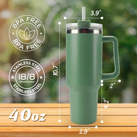 40 oz Tumbler with Handle and Straw Spill Proof Large Travel Coffee Mug Insulated Reusable Stainless Steel Cup with Lid Fit for Car Cup Holder(Green)