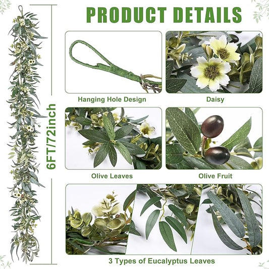 Artgar Olive Garland with Lights - 6 Ft Eucalyptus Garland with Timer 30 Fairy Lights, Artificial Greenery Olive Leaf Vine Garlands for Indoor Outdoor Wedding Arch Backdrop Table Spring/Summer Decor