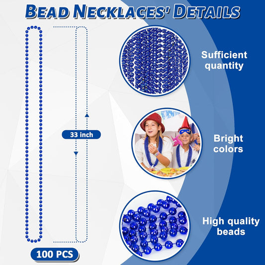 100PCS Mardi Gras Beads Necklace, Blue Bead Necklaces Stuff Bulk, 33" Christmas Necklace Party Supplies, Festival Parade Throw Accessories for Wedding Birthday Pirate Theme Party Baby Shower Decor