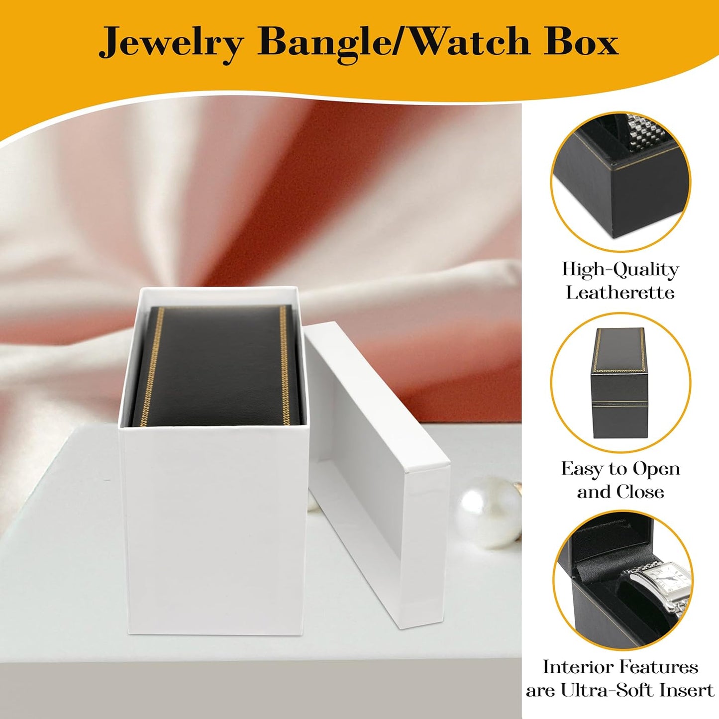 Novel Box Black Jewelry Box for Bangle/Watch 2.12x3.37x2.87 Inch - Watch/Bangles Gift Boxes with Gold Trim - Faux Leatherette Bangle/Watches Storage Case - Gift Presentation Cases for Bangle/Watch