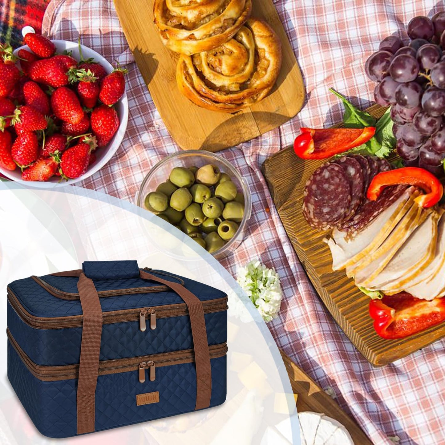 Vuudh Quilted Insulated Double Casserole Carrier - Thermal Lunch Tote for Potluck Parties, Picnic, Beach, Fits 9 x 17 Inches Baking Dish, Casserole Dish, Expandable (Blue)