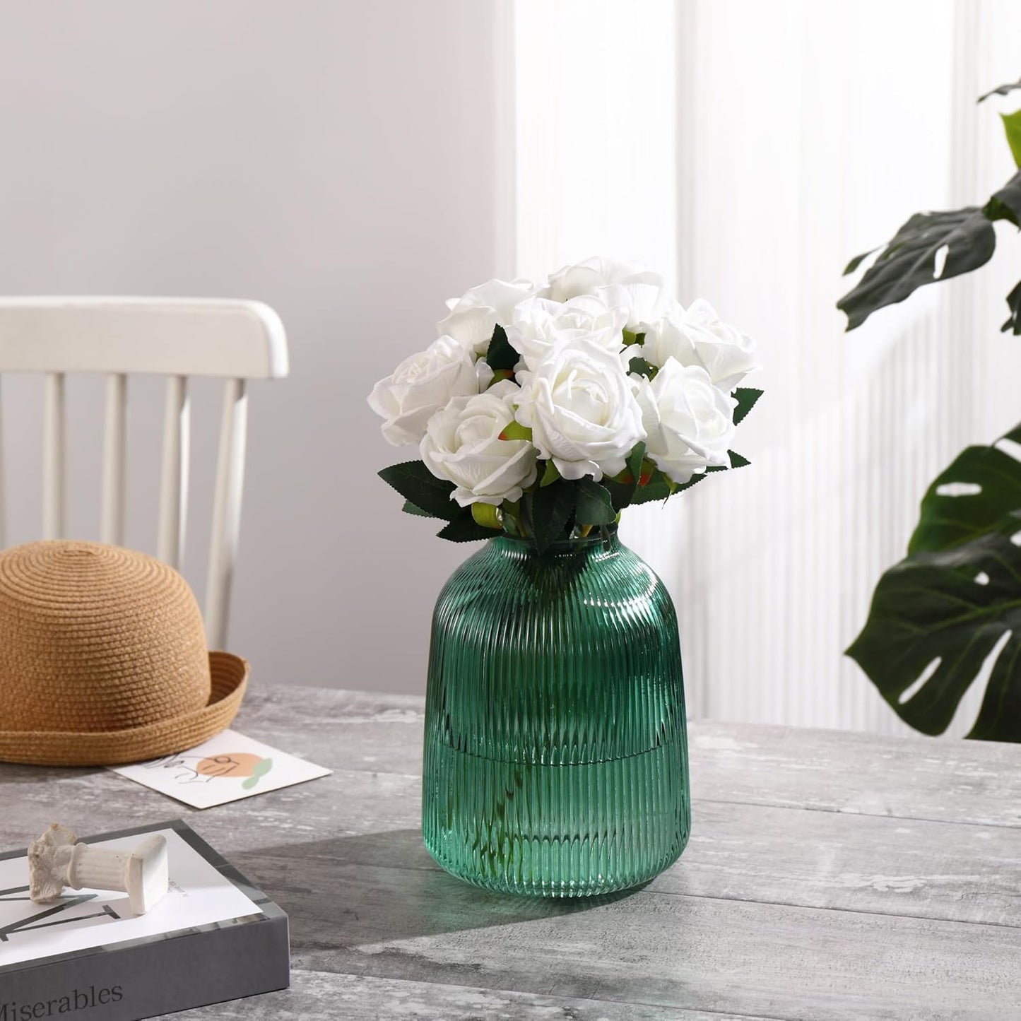 Green Glass Vase, Large Vase for Flowers, Flower Vases for Bouquet, Ribbed Glass Vases for Living Room, Bathroom, Dining Table, Office, Wedding, Centerpieces, 8 Inches