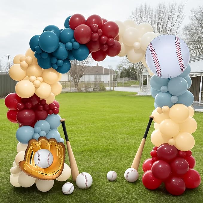 Baseball Balloon Arch Kit, Red Dusty Slate Blue Ivory Nude Balloon Garland for Baseball Birthday Party Decorations Boys Summer Baby Shower Rookie of The Year First Birthday Sport Themed Decorations