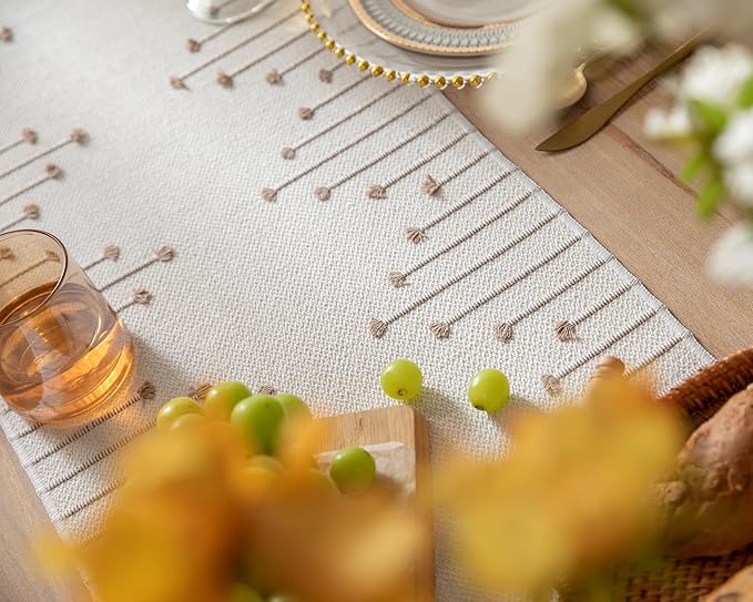 Boho Table Runner 13 x 60 Inch Long Natural Cotton Woven Runner with Tassels for Home Dining Table décor, for Modern Farmhouse Decor Coffee Table Runner, Taupe and Beige