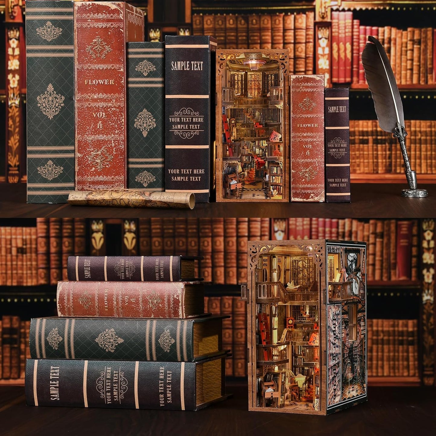 Book Nook Kit, DIY Miniature House Dollhouse Kit for Adults and Teens, Booknook Tiny House Bookshelf Decor with LED Light and Dust Cover (Abbey Library)