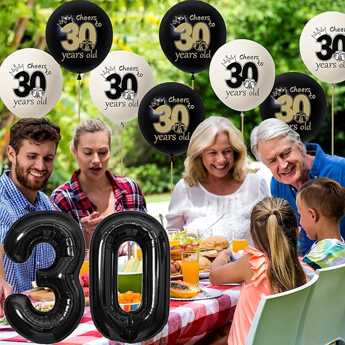 DARUNAXY 30th Birthday Party Decorations for Men Women, Vintage Back in 1996 Banner, Black 30 Number Balloons & Cake Topper, Vintage 1996 30 Birthday Honeycomb Hanging Swirl Confetti Balloons(30PC)