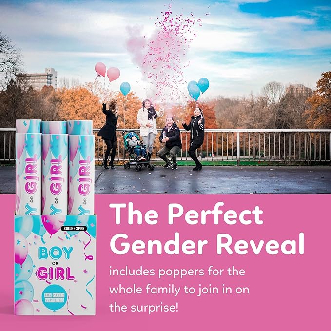 Gender Reveal Confetti & Powder Smoke Cannon | 3 Pink & 3 Blue Poppers | Biodegradable | Alternative to Gender Reveal Smoke Bombs Extinguisher Spray, Baby Gender Reveal Decorations, TUR Party Supplies